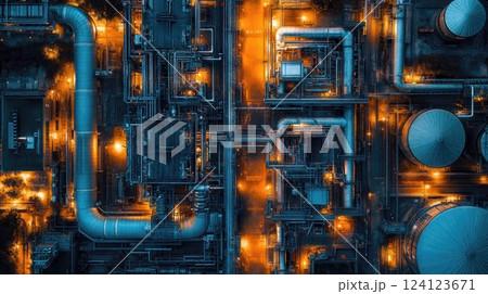 Complex industrial machinery with intricate pipelines and systems illuminated by contrasting golden and blue lights, creating a cyberpunk-like technological landscape Complex industrial machinery with intricate pipelines and systems illuminated by contrasting golden and blue lights, creating a cyberpunk-like technological landscape 124123671