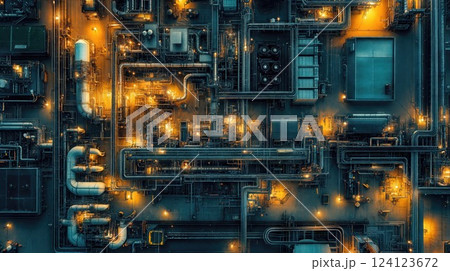 Complex industrial machinery with intricate pipelines and systems illuminated by contrasting golden and blue lights, creating a cyberpunk-like technological landscape 124123672