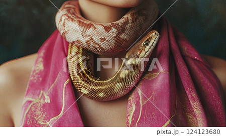 A beautifully patterned snake wraps around a woman's neck, resting against a luxurious pink scarf, combining elegance and a hint of danger with its intricate scales and poised demeanor 124123680
