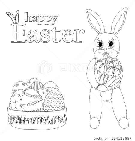 Easter Black and White coloring page featuring a Easter bunny holding tulips and a decorated Easter egg basket. Fun printable for kids, crafts, greeting card, and festive holiday activities. 124123687