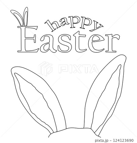 Black and white Easter coloring page with - Happy Easter - text and cute Easter bunny ears. Ideal for kids, crafts, greeting card, and festive holiday activities. Black and white Easter coloring page with - Happy Easter - text and cute Easter bunny ears. Ideal for kids, crafts, greeting card, and festive holiday activities. 124123690