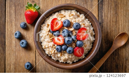 A warm bowl of oatmeal topped with fresh strawberries, blueberries, and granola, offering a healthy and delicious breakfast option. This vibrant, wholesome meal is perfect for promoting nutrition and 124123697