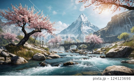 A stunning landscape with pink cherry blossom trees, a tranquil river, and a majestic snow-capped mountain in the background. This serene scene evokes peace, nature, and the beauty of spring 124123698