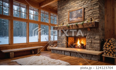 A rustic cabin living room featuring a stone fireplace with a warm fire, surrounded by wooden beams and large windows showing a snowy winter landscape. The cozy ambiance and natural materials create a 124123704