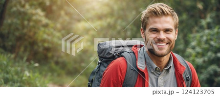 A young, smiling backpacker stands in the forest, with a bright and cheerful expression. Surrounded by trees and nature, the image conveys a sense of adventure, freedom, and the joy of outdoor A young, smiling backpacker stands in the forest, with a bright and cheerful expression. Surrounded by trees and nature, the image conveys a sense of adventure, freedom, and the joy of outdoor 124123705