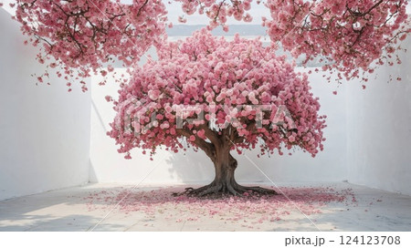 A magnificent pink blossom tree in full bloom, with delicate petals scattered on the ground. This serene, vibrant scene captures the beauty of nature and the peaceful atmosphere of spring 124123708