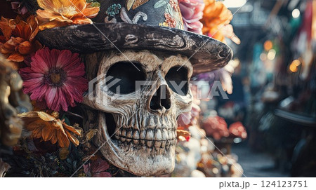 A decorated skull wearing a black hat adorned with colorful flowers, symbolizing Dia de los Muertos in a vibrant, festive setting filled with cultural symbolism and celebration A decorated skull wearing a black hat adorned with colorful flowers, symbolizing Dia de los Muertos in a vibrant, festive setting filled with cultural symbolism and celebration 124123751