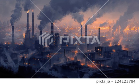 Industrial nightscape with illuminated factory chimneys emitting smoke against dark sky. Dramatic urban scene showing power plant or refinery complex with glowing lights and atmospheric pollution Industrial nightscape with illuminated factory chimneys emitting smoke against dark sky. Dramatic urban scene showing power plant or refinery complex with glowing lights and atmospheric pollution 124123784