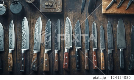 Collection of professional chef knives arranged on rustic wooden surface. Japanese damascus steel blades showcase traditional craftsmanship and culinary expertise 124124080