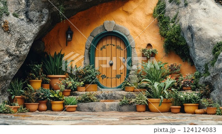 Whimsical hobbit-style door with lush garden entrance. Round wooden door framed by stone arch and clay potted plants creates fairy tale atmosphere Whimsical hobbit-style door with lush garden entrance. Round wooden door framed by stone arch and clay potted plants creates fairy tale atmosphere 124124083