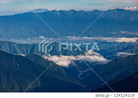 南アルプス・赤石岳稜線から見る朝の中央アルプスと御嶽 南アルプス・赤石岳稜線から見る朝の中央アルプスと御嶽 124124119