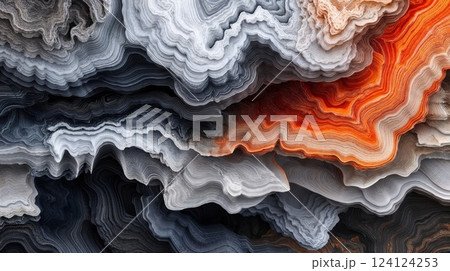Abstract digital art featuring flowing layers in grayscale and vibrant orange, creating dynamic wave-like patterns. Modern artistic composition with organic fluid movement and striking contrast 124124253