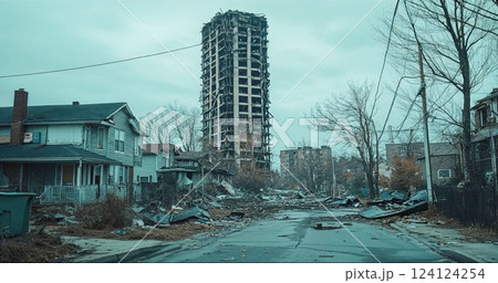 Abandoned high-rise building amid urban decay, surrounded by damaged houses and debris. Apocalyptic cityscape with teal color grading creates haunting atmosphere of desolation 124124254