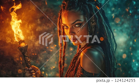 Fantasy portrait of warrior woman with dreadlocks holding flaming torch. Dramatic lighting combines orange flame and teal shadows, tribal face paint adds mystical atmosphere 124124255