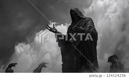Dramatic black and white photograph of hooded figure statue against stormy sky with gargoyles. Gothic architectural sculpture creates ominous atmosphere perfect for dark fantasy themes 124124256