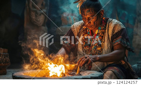 Indigenous shaman performing traditional ritual by sacred fire. Atmospheric portrait showing ceremonial face paint, colorful beaded necklaces, and traditional clothing in mystical lighting 124124257