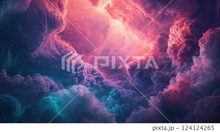 Ethereal cosmic cloudscape in vibrant pink and turquoise hues with twinkling stars scattered throughout. Dramatic swirling nebula formations create a dreamlike celestial atmosphere Ethereal cosmic cloudscape in vibrant pink and turquoise hues with twinkling stars scattered throughout. Dramatic swirling nebula formations create a dreamlike celestial atmosphere 124124265