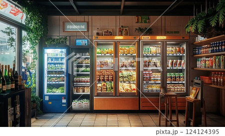 Modern convenience store interior with illuminated refrigerators displaying variety of products. Plants and warm lighting create inviting retail atmosphere 124124395