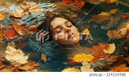 woman floating in dark water surrounded by colorful autumn leaves, creating ethereal beauty scene with dramatic autumn colors and peaceful expression 124124396