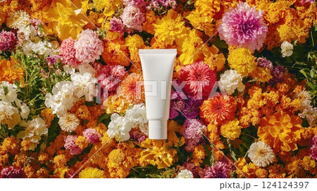 Blank white cosmetic tube mockup on vibrant floral background with colorful marigolds, carnations, and chrysanthemums. Perfect for natural beauty product presentation and branding 124124397