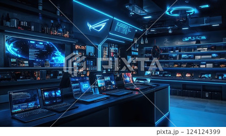 Futuristic gaming store interior with branding, featuring modern gaming laptops display and neon blue lighting, creating an immersive high-tech shopping experience Futuristic gaming store interior with branding, featuring modern gaming laptops display and neon blue lighting, creating an immersive high-tech shopping experience 124124399
