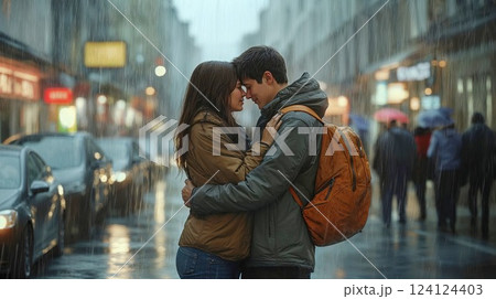 Romantic couple embracing in rain on city street with ambient evening lights, creating atmospheric urban love story moment 124124403