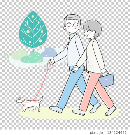 Senior couple walking their dog together 124124431