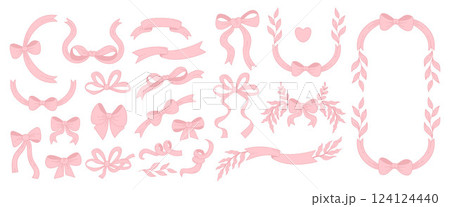 Vintage Coquette Pink Ribbon Bow and Frame Border with Plants Set. Romantic Girly Vibe. Vector illustration. Isolated Cute Trendy Aesthetic Elements for designs, invitations, cards and decoration Vintage Coquette Pink Ribbon Bow and Frame Border with Plants Set. Romantic Girly Vibe. Vector illustration. Isolated Cute Trendy Aesthetic Elements for designs, invitations, cards and decoration 124124440
