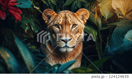 Majestic lion portrait among tropical foliage with intense amber eyes. Close-up of big cat's face framed by lush green leaves and red flowers creating dramatic jungle atmosphere 124124639