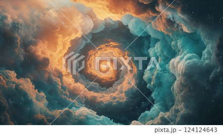 Spectacular spiral galaxy formation in cosmic clouds with golden core and turquoise nebula. Digital space art showing swirling celestial phenomenon with sparkling stars Spectacular spiral galaxy formation in cosmic clouds with golden core and turquoise nebula. Digital space art showing swirling celestial phenomenon with sparkling stars 124124643
