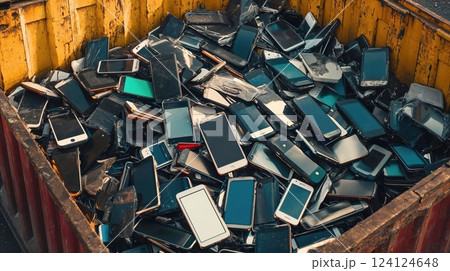Pile of discarded smartphones in yellow waste container. Electronic waste collection showing environmental impact of modern technology consumption and disposal 124124648
