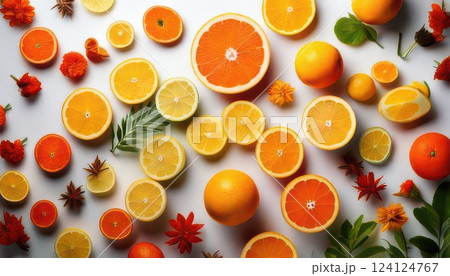 《AI画像》白背景に並べたカットオレンジ 124124767
