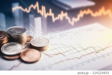 coins on financial report against background of graphs and statistics, business finance concept 124124833