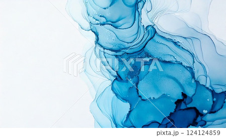 高級感のある薄くて淡いアルコールインクアート 水色 ブルー マーブル模様 余白あり 背景素材 124124859
