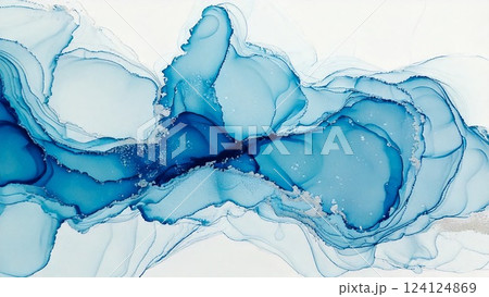 高級感のある薄くて淡いアルコールインクアート 水色 ブルー マーブル模様 余白あり 背景素材 124124869