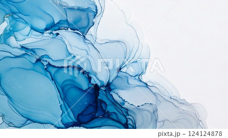 高級感のある薄くて淡いアルコールインクアート 水色 ブルー マーブル模様 余白あり 背景素材 124124878