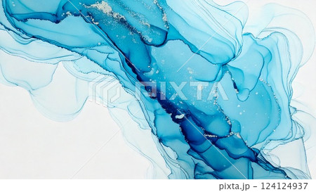 高級感のある薄くて淡いアルコールインクアート 水色 ブルー マーブル模様 余白あり 背景素材 124124937
