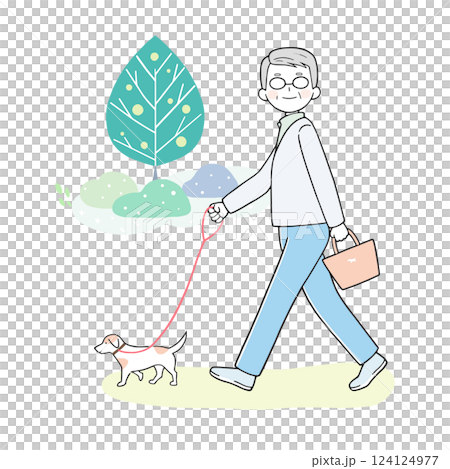 A senior man walking his dog 124124977