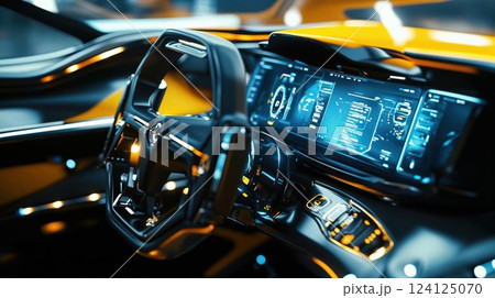 Modern car dashboard with digital displays and futuristic interface. Luxury vehicle interior featuring high-tech control panel and ambient lighting in dramatic lighting 124125070