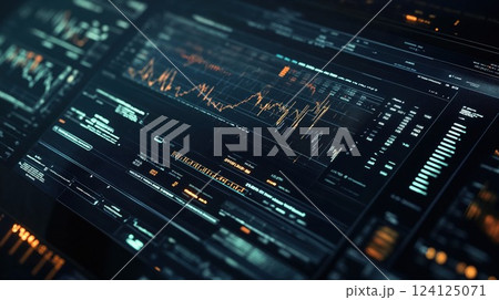 Advanced financial trading interface with glowing data visualization. Dark modern dashboard displaying market charts, graphs and analytics in cyan and orange colors creating depth effect Advanced financial trading interface with glowing data visualization. Dark modern dashboard displaying market charts, graphs and analytics in cyan and orange colors creating depth effect 124125071