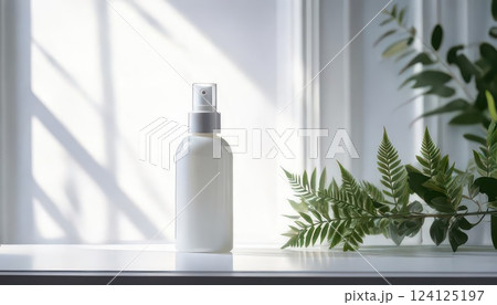 《AI画像》テーブルに置かれた化粧品ボトルイメージ 124125197