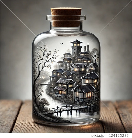 瓶の中の水墨画風の和風の町 124125285