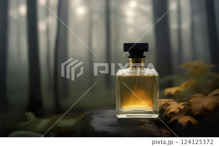 perfume bottle in foggy autumn forest with blurred background 124125372