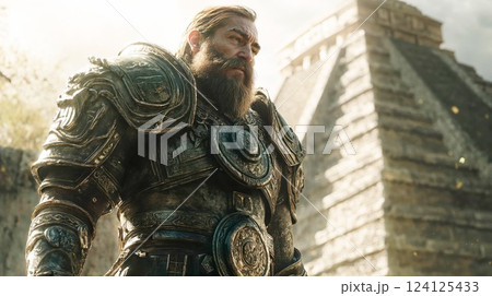 Fantasy warrior character in ornate metal armor against ancient pyramid background. Epic portrait of bearded knight in detailed battle gear with dramatic lighting and atmospheric setting Fantasy warrior character in ornate metal armor against ancient pyramid background. Epic portrait of bearded knight in detailed battle gear with dramatic lighting and atmospheric setting 124125433
