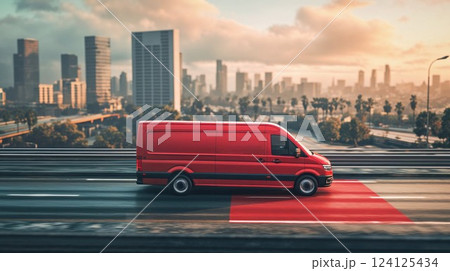 Red delivery van speeding on highway with modern city skyline background. Dynamic commercial vehicle photography with motion blur and warm sunset urban atmosphere 124125434