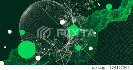 Science fiction background. Abstract image of wireframe wave and sphere with plexus effect. 124125562