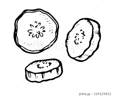 Vector set of hand drawn cucumber slices in black and white. Detailed engraving style illustration featuring fresh, pickled, and chopped pieces. Perfect for vintage kitchen and healthy food designs Vector set of hand drawn cucumber slices in black and white. Detailed engraving style illustration featuring fresh, pickled, and chopped pieces. Perfect for vintage kitchen and healthy food designs 124125621