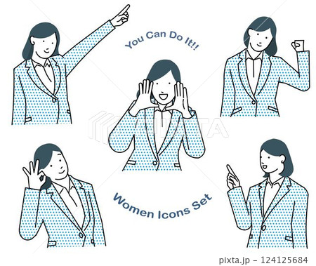 女性アバターセットービジネスパーソン -色々なポーズのアイコンセットシンプルベクター素材 124125684