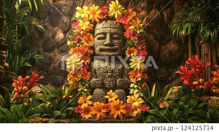 Ancient Polynesian stone statue decorated with tropical flowers. Traditional tiki artifact surrounded by vibrant orange and yellow blooms against volcanic rock backdrop in Hawaii Ancient Polynesian stone statue decorated with tropical flowers. Traditional tiki artifact surrounded by vibrant orange and yellow blooms against volcanic rock backdrop in Hawaii 124125714