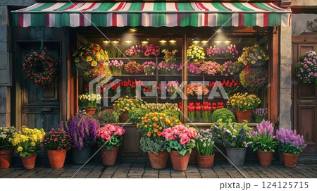 Charming European flower shop storefront with colorful striped awning. Vibrant display of tulips, roses, and seasonal blooms in window and terra cotta pots create inviting urban garden atmosphere 124125715